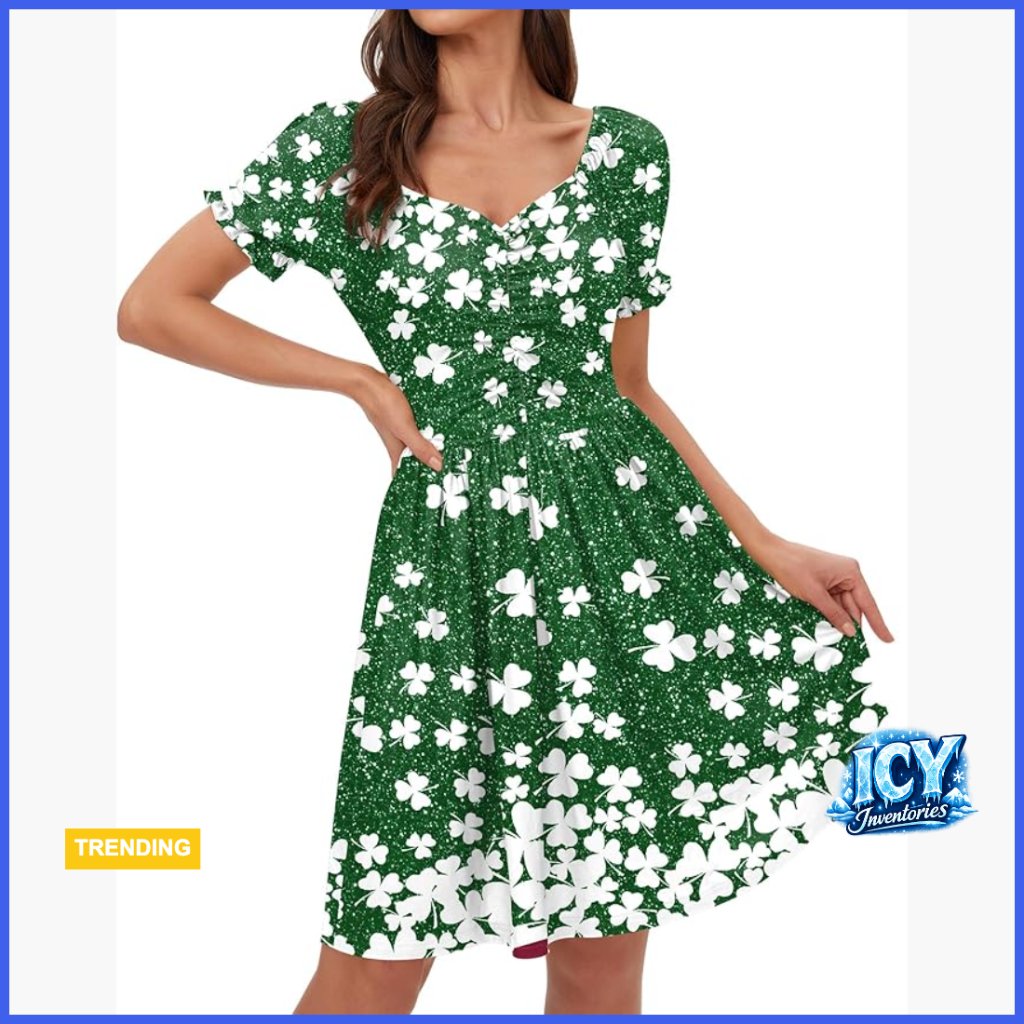Ruched Puff Sleeve Sweetheart Neckline Swing Heart Print Dress
